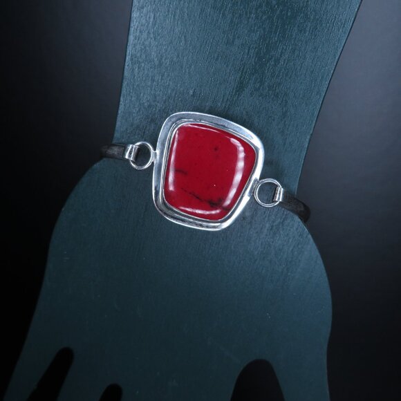 Sterling Silver Hinged Bangle with Red Stone - Picture 5 of 6